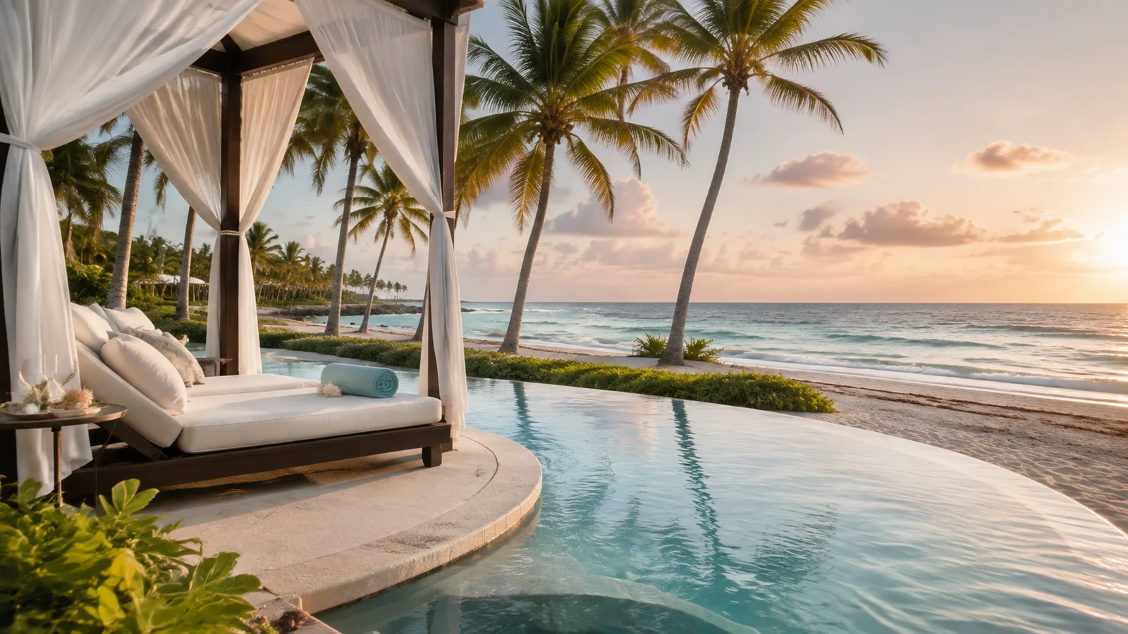 Editorial romantic scene of a cabana beside a pool and beach in Punta Cana