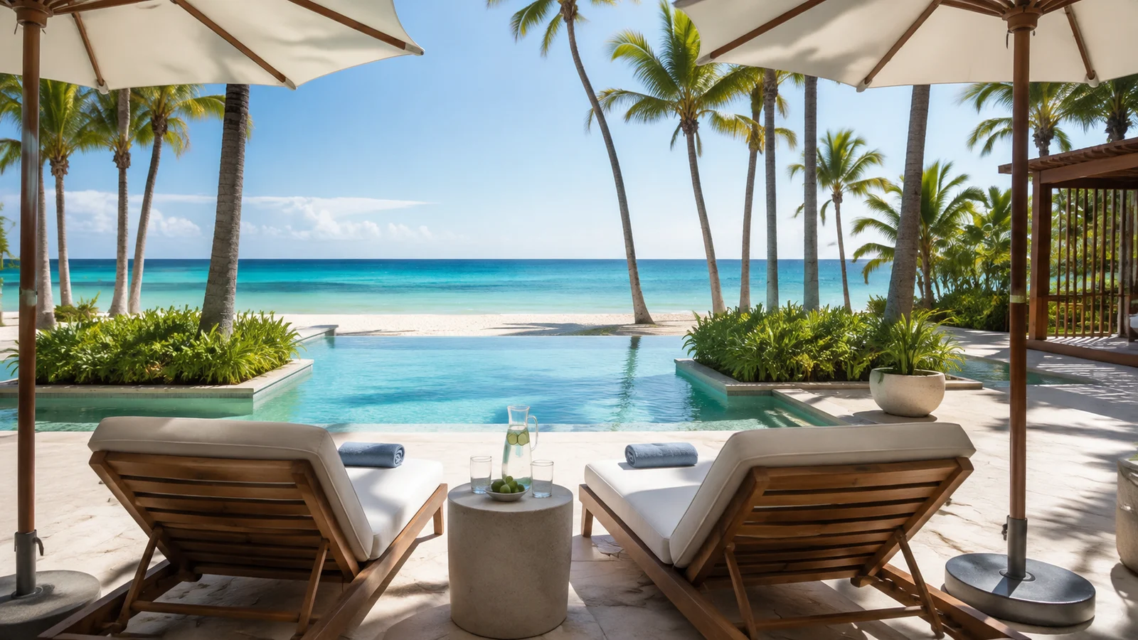 Editorial scene of two loungers overlooking a pool and the beach in Punta Cana