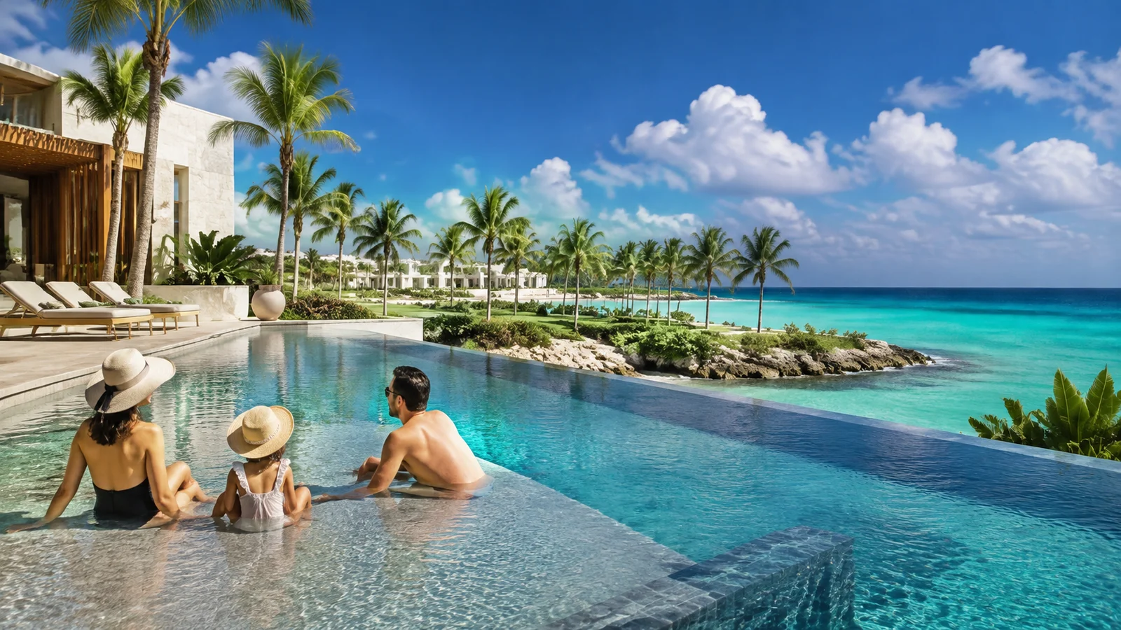 Editorial scene of a family at an infinity pool overlooking the sea in Cap Cana