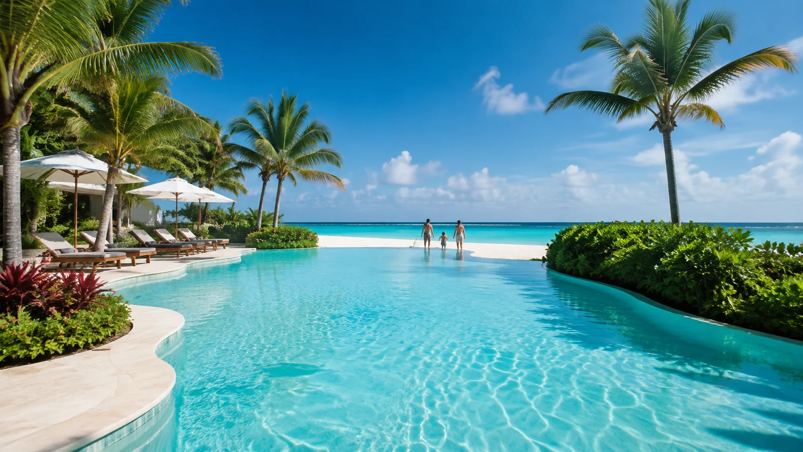 Editorial family scene at a tropical pool beside Bávaro beach